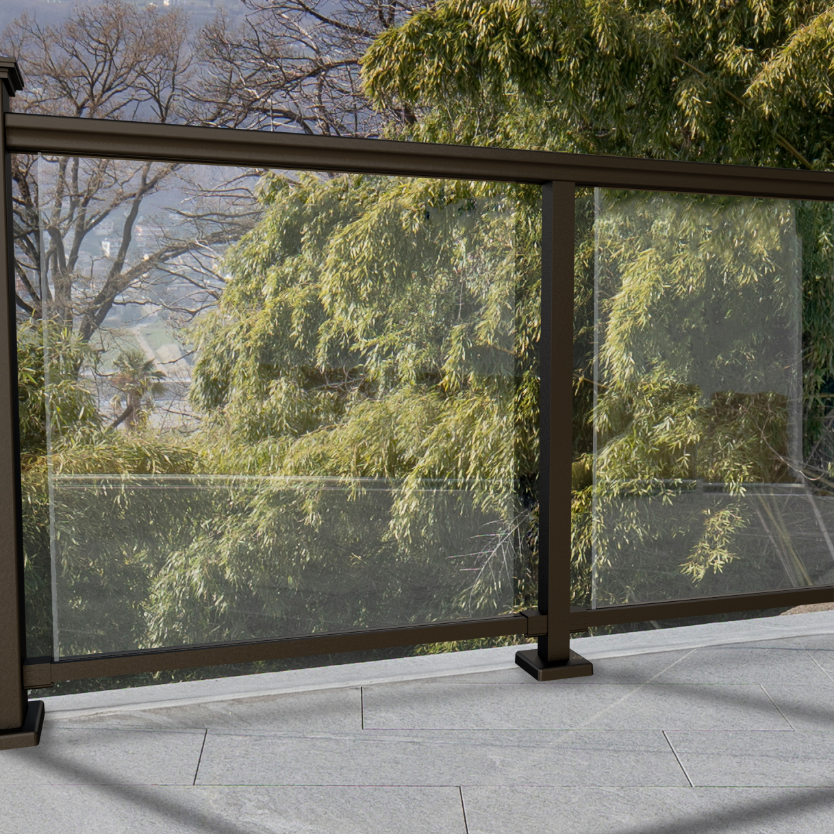 Glass Compatible railing system with tempered glass panels on a home deck
